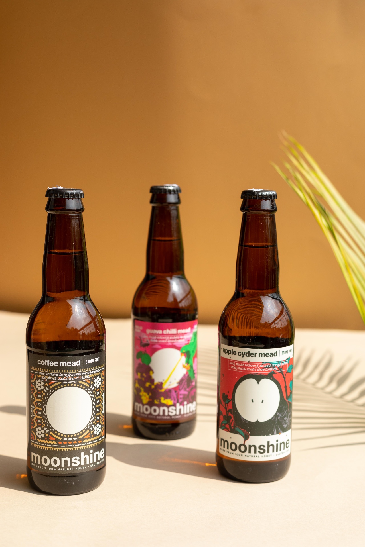 Moonshine Meadery mead bottles — coffee, guava chilli and apple cyder